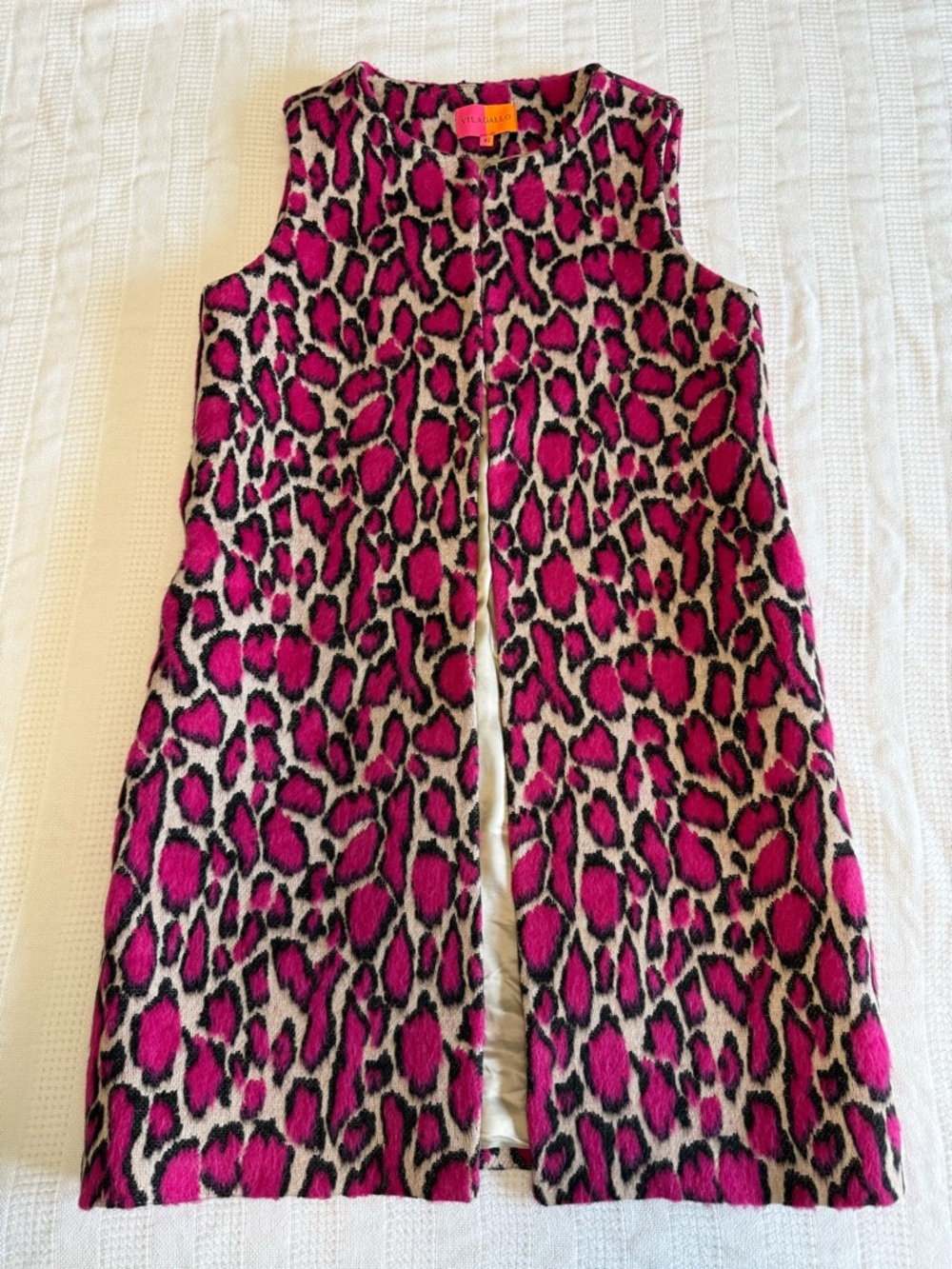 Vilagallo Fuchsia Leopard Print Wool Blend Sleeveless Long Vest Coat US size 8